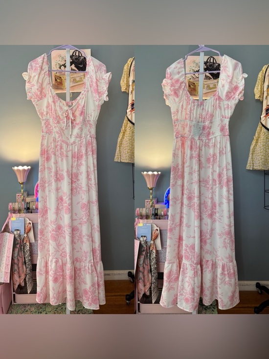 111 • Elizabeth Blush Roses Romantic Pink Floral Maxi Dress with Puff Sleeves - Picture 3 of 12